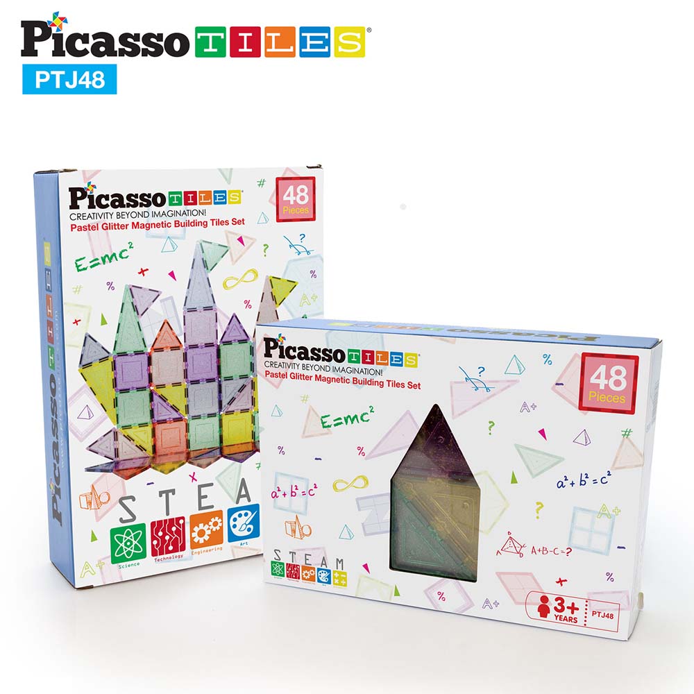 PicassoTiles Set Magnético con Brillantina de 48 Piezas – PTJ48, sets de construcción