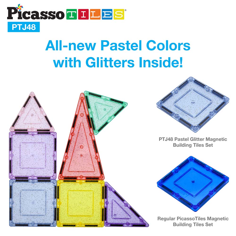 PicassoTiles Set Magnético con Brillantina de 48 Piezas – PTJ48, sets de construcción