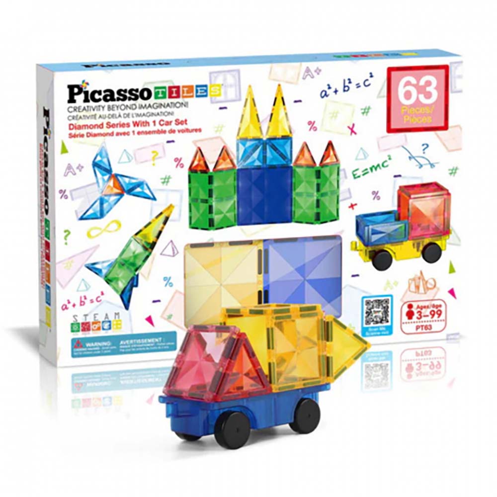PicassoTiles PT63 – Set de Construcción Magnético con 63 Piezas y Superficie Diamante, sets de construcción
