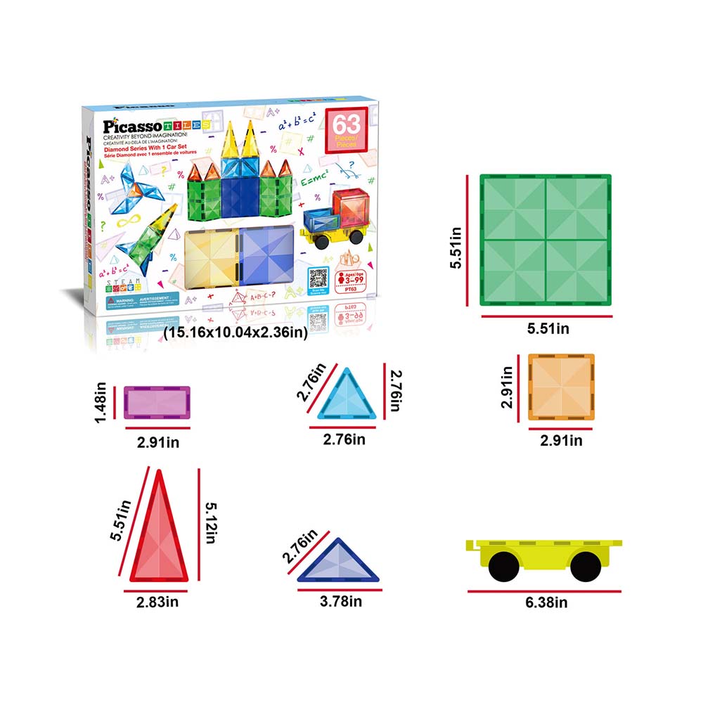 PicassoTiles PT63 – Set de Construcción Magnético con 63 Piezas y Superficie Diamante, sets de construcción