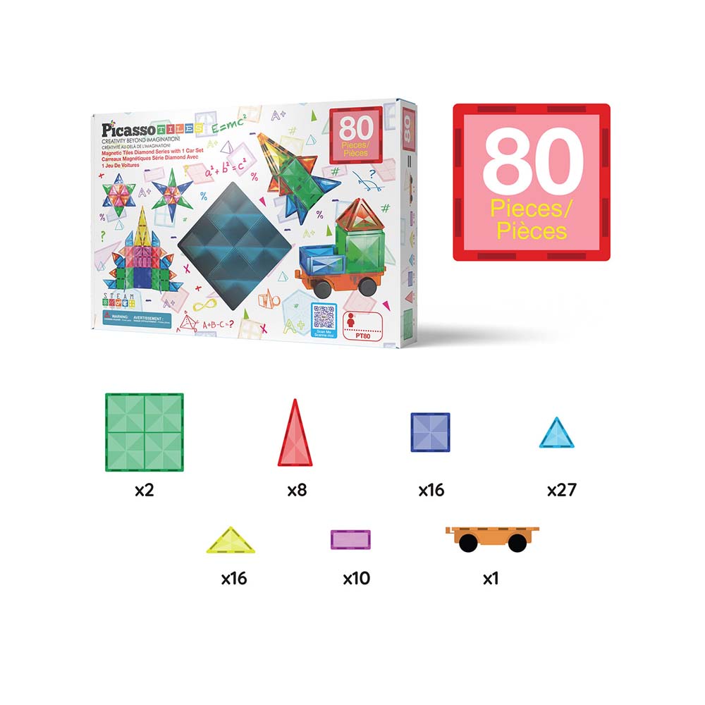 PicassoTiles PT80 – Set de Bloques Magnéticos con Superficie de Diamante (80 Piezas), sets de construcción