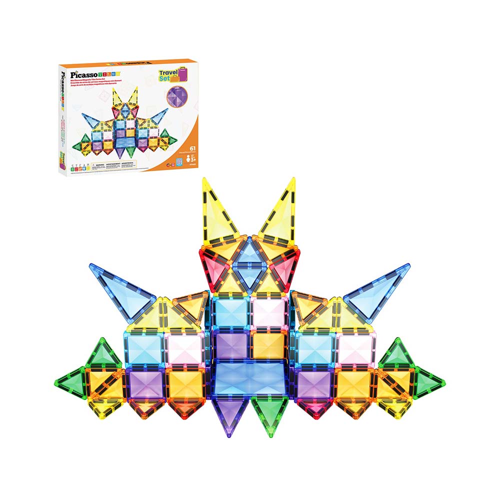 PicassoTiles PTM61 – Set Magnético de Viaje con Superficie Diamante (61 Piezas), sets de construcción