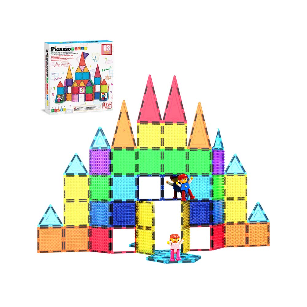 PicassoTiles PTL63 – Set Educativo STEM de 63 Piezas con Imán Potente, Espejos y Bloques Compatibles, sets de construcción