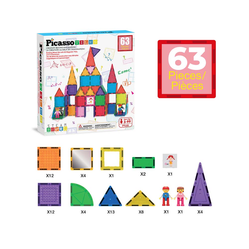 PicassoTiles PTL63 – Set Educativo STEM de 63 Piezas con Imán Potente, Espejos y Bloques Compatibles, sets de construcción