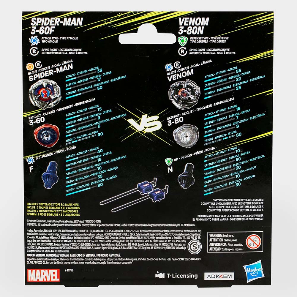 Beyblade X Marvel Collab Spider-Man 3-60F vs. Venom 3-80N G0288: Trompo de destreza - Edad 8+