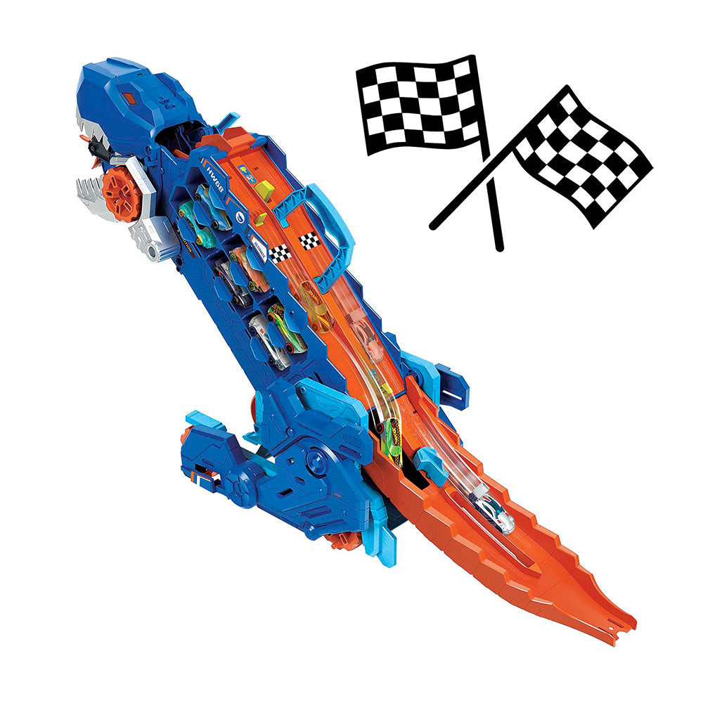 Hot Wheels City Súper Remolque de T-Rex HNG50: Pista y set de vehículos - Edad 4+