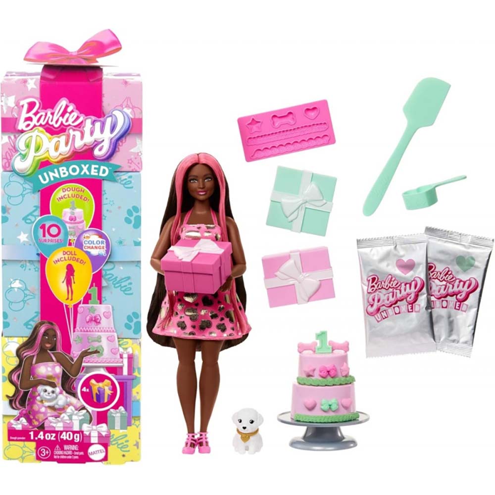 Barbie Party Unboxed Muñeca Fiesta de Mascotas Sorpresa Morena JFG68: Coleccionable sorpresa