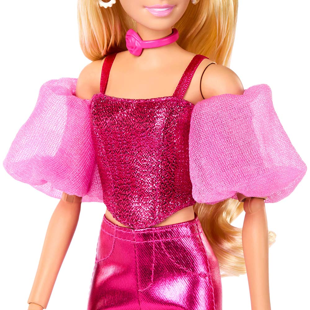 Barbie Fashionista Muñeca Deluxe Cabello Rubio y Conjunto Rosa Metálico JFP40, muñecas y muñecos