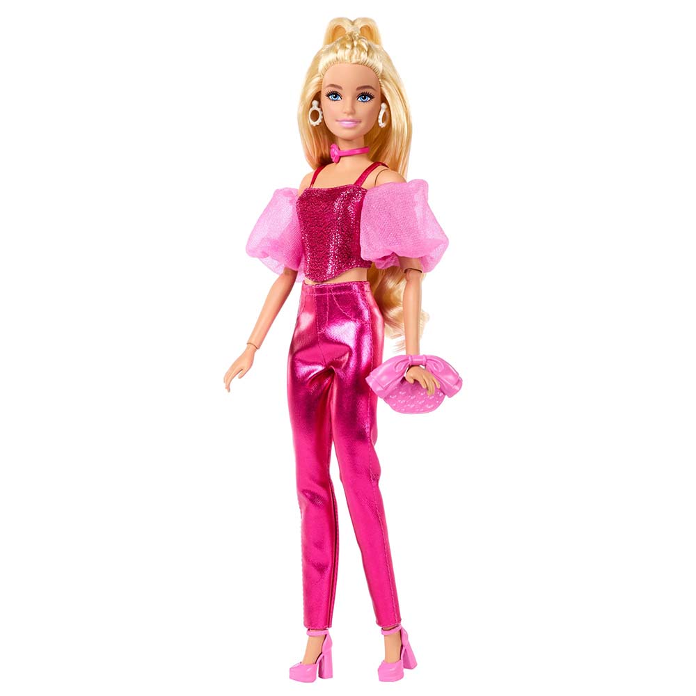Barbie Fashionista Muñeca Deluxe Cabello Rubio y Conjunto Rosa Metálico JFP40, muñecas y muñecos