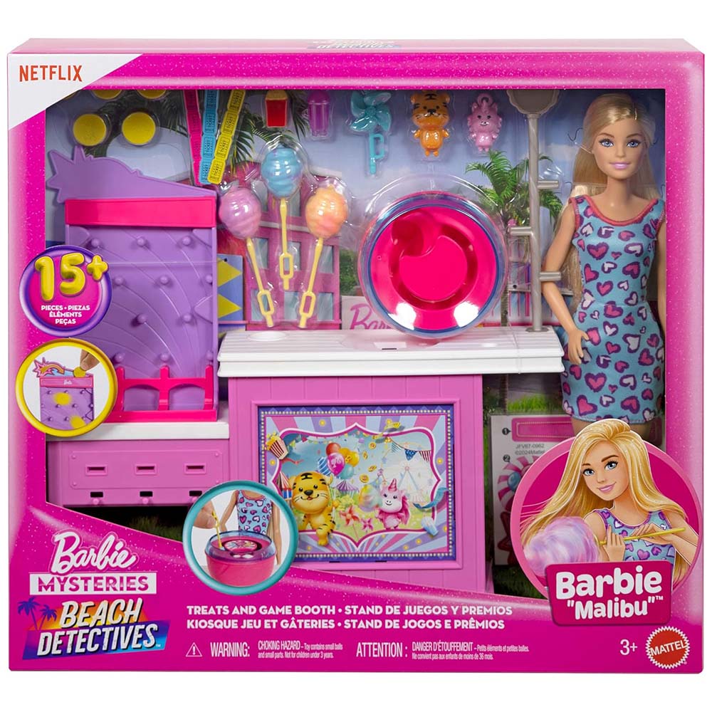Barbie Misterios: Detectives de Playa "Malibu" Stand de Juegos y Premios JFV67, sets de juego