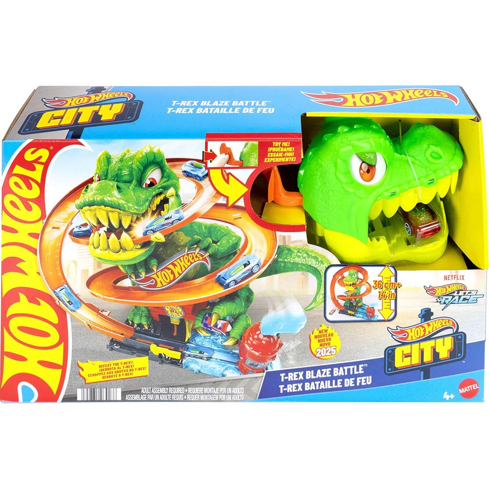 Hot Wheels City T-Rex vs Estación de Bomberos JBM73: Pista y set de vehículos - Edad 3+