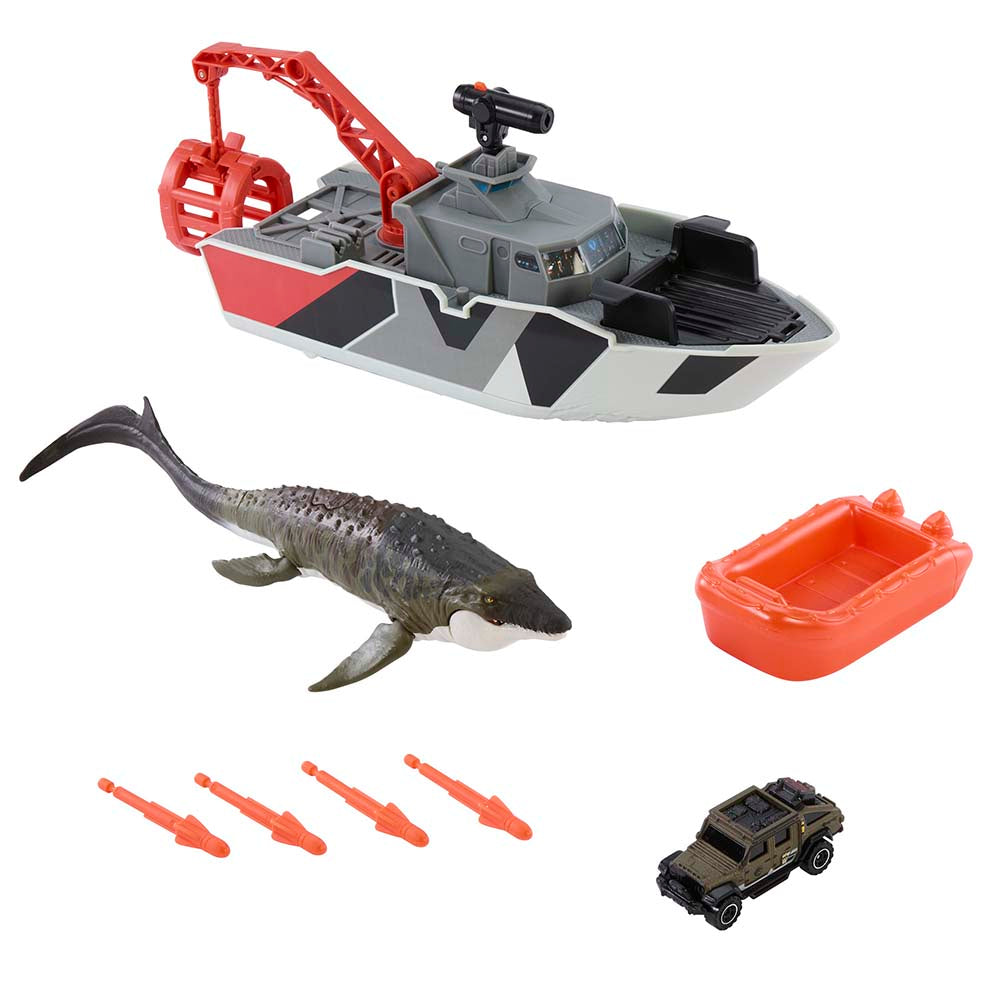 Jurassic World Rebirth Mosasaurio Bote de Acción de Rescate JGG61, vehículos de juguete