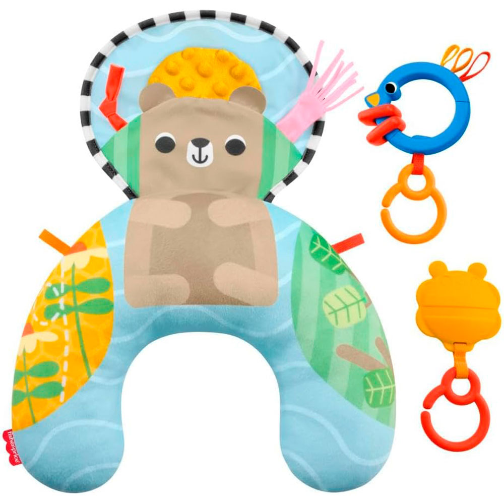 Fisher-Price Baby Cojín Colorido de Actividades: Cojín Sensorial con 2 Juguetes Mordedera y Sonaja - Edad 0+
