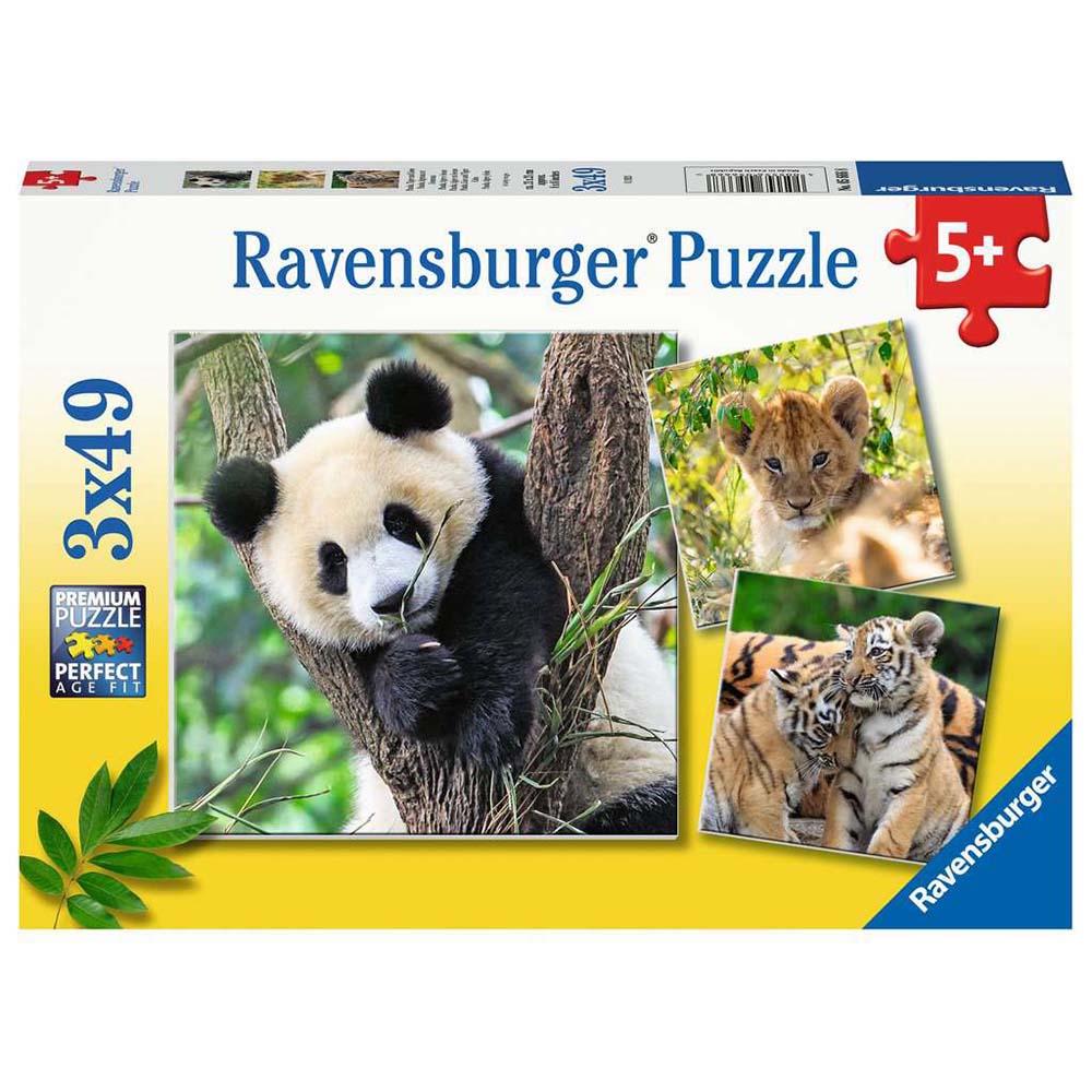 Ravensburger 5666 Rompecabezas 3 x 49 piezas para niños Panda, Tigre y León, rompecabezas