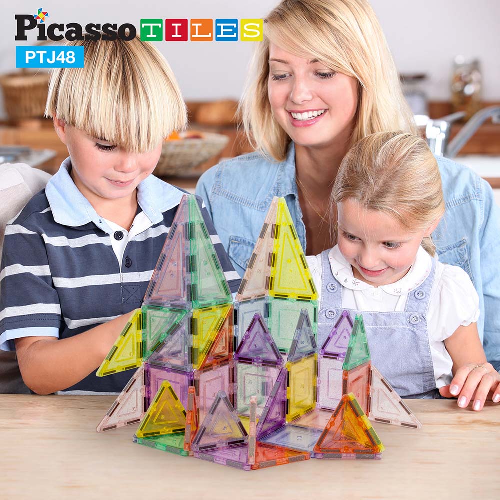 PicassoTiles Set Magnético con Brillantina de 48 Piezas – PTJ48, sets de construcción