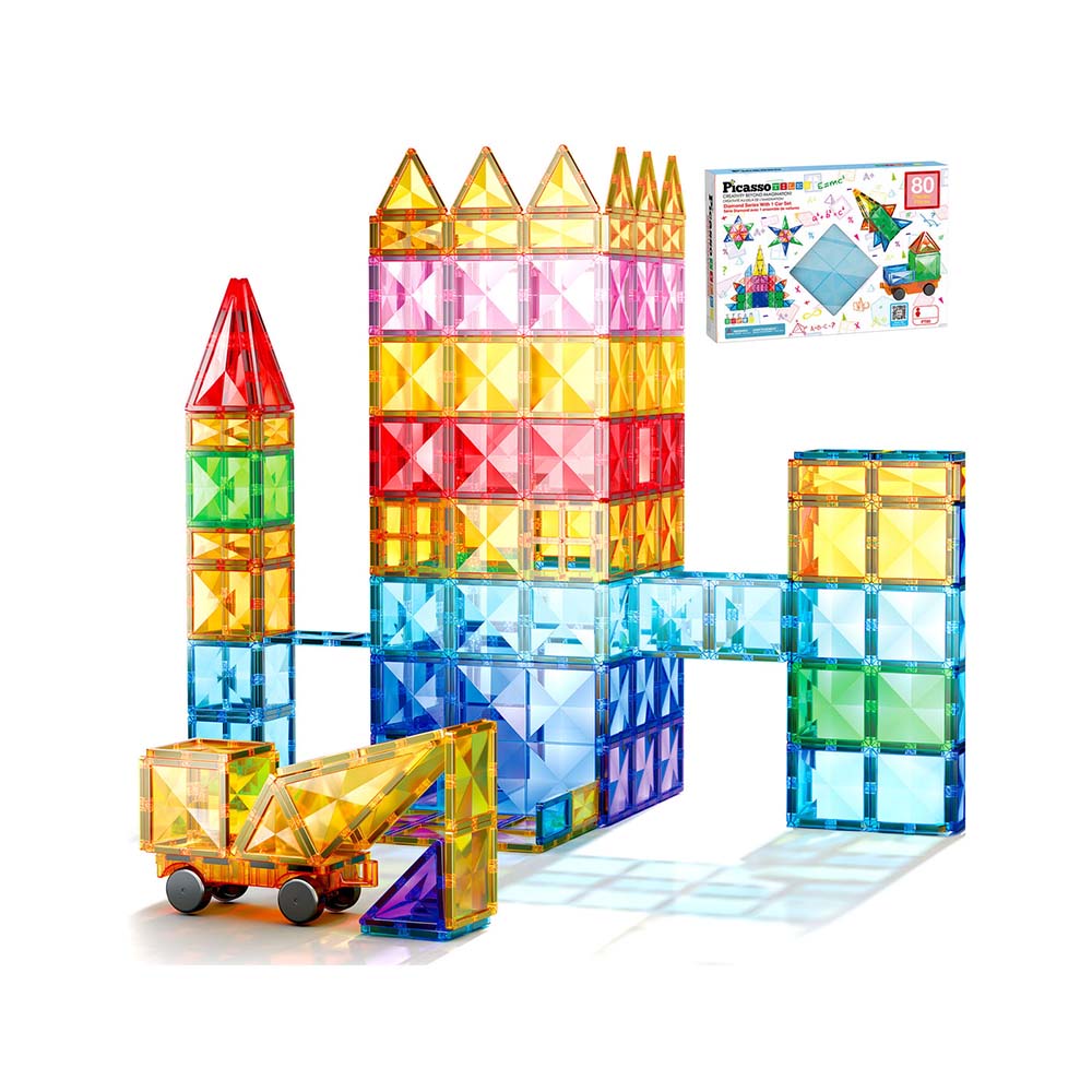 PicassoTiles PT80 – Set de Bloques Magnéticos con Superficie de Diamante (80 Piezas), sets de construcción