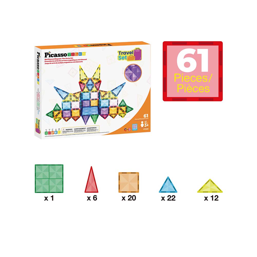 PicassoTiles PTM61 – Set Magnético de Viaje con Superficie Diamante (61 Piezas), sets de construcción