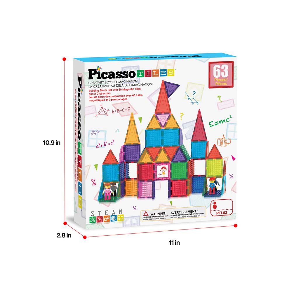 PicassoTiles PTL63 – Set Educativo STEM de 63 Piezas con Imán Potente, Espejos y Bloques Compatibles, sets de construcción