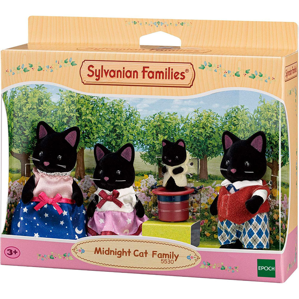 Sylvanian Families Familia Gato de Medianoche: Set de 4 Figuras con Sombrero de Seda - Edad 3+