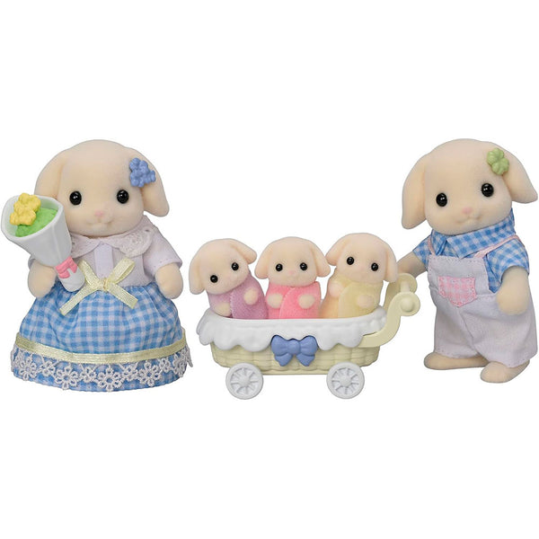 Sylvanian Families Familia Conejo Flora: Set de 5 Figuras con Carriola - Edad 3+