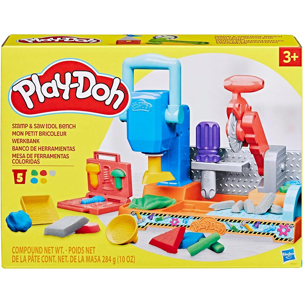 Play-Doh Banco de herramientas para estampar y sierra F9141: Set de masa moldeable - Edad 3+