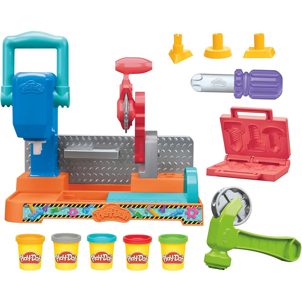 Play-Doh Banco de herramientas para estampar y sierra F9141: Set de masa moldeable - Edad 3+