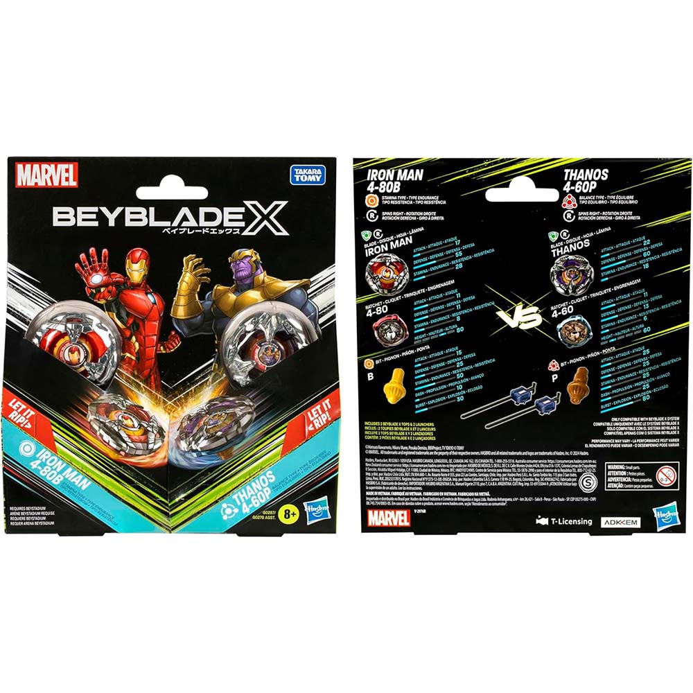 Beyblade X Iron Man 4-80B vs Thanos 4-60P G0287: Trompo de destreza - Edad 8+