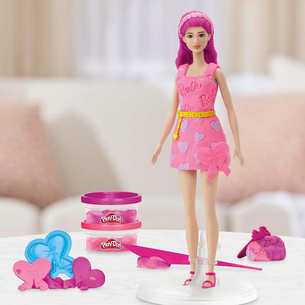 Set De Manualidades Play-Doh Barbie Con Muñeca Articulada De 30 Cm, Cortadores Y Moldes Para Pelo, Incluye 2 Botes De Plastilina