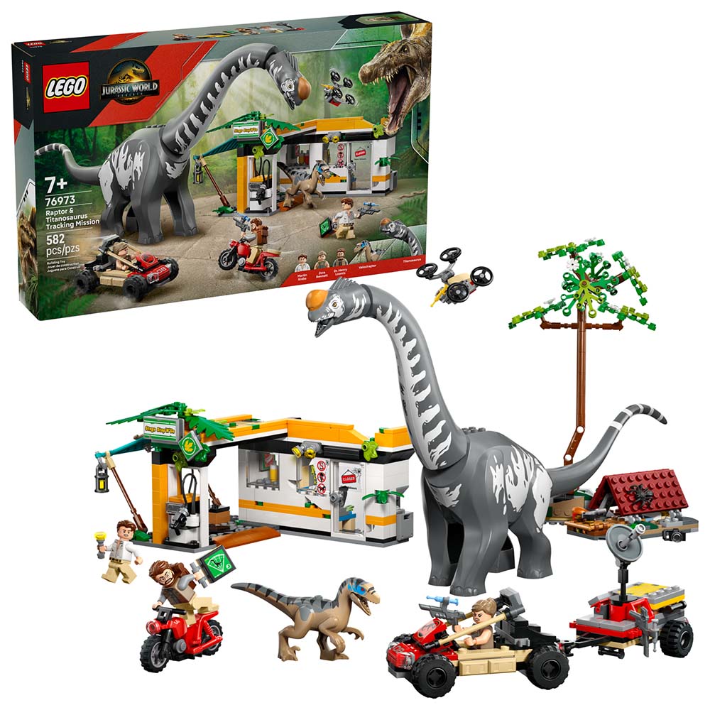 LEGO Jurassic World Misión de Seguimiento: Raptor y Titanosaurus 76973, sets de construcción