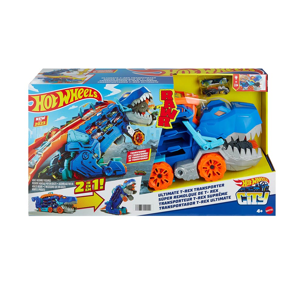 Hot Wheels City Súper Remolque de T-Rex HNG50: Pista y set de vehículos - Edad 4+