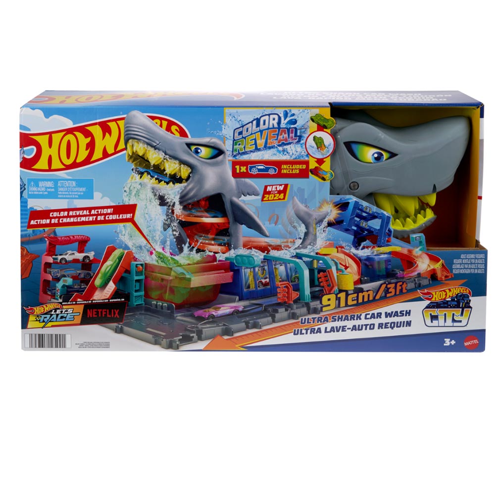 Hot Wheels City Lavado de Autos Mega Tiburón HTN82: Pista y set de vehículos - Edad 4+