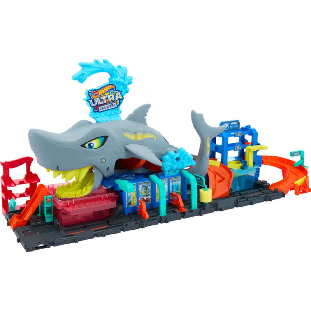 Hot Wheels City Lavado de Autos Mega Tiburón HTN82: Pista y set de vehículos - Edad 4+