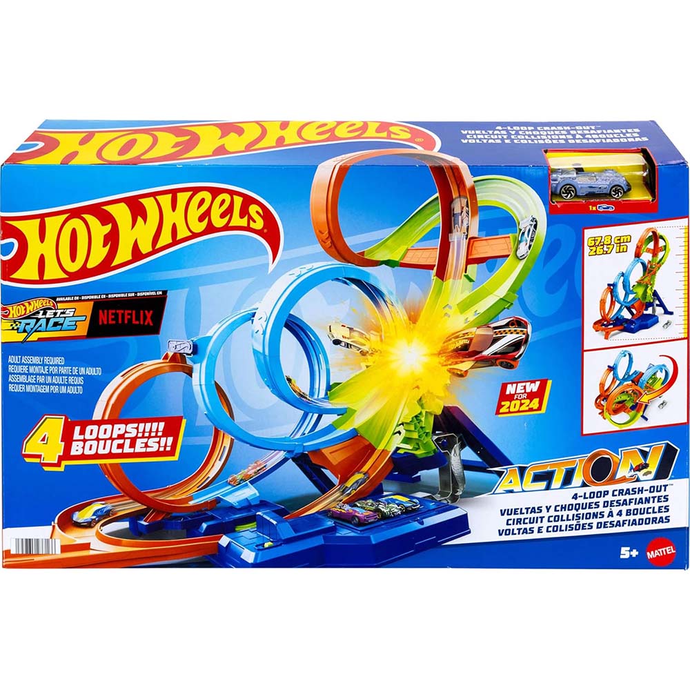 Hot Wheels Vueltas y Choques Desafiantes HXR70: Pista y set de vehículos - Edad 5+