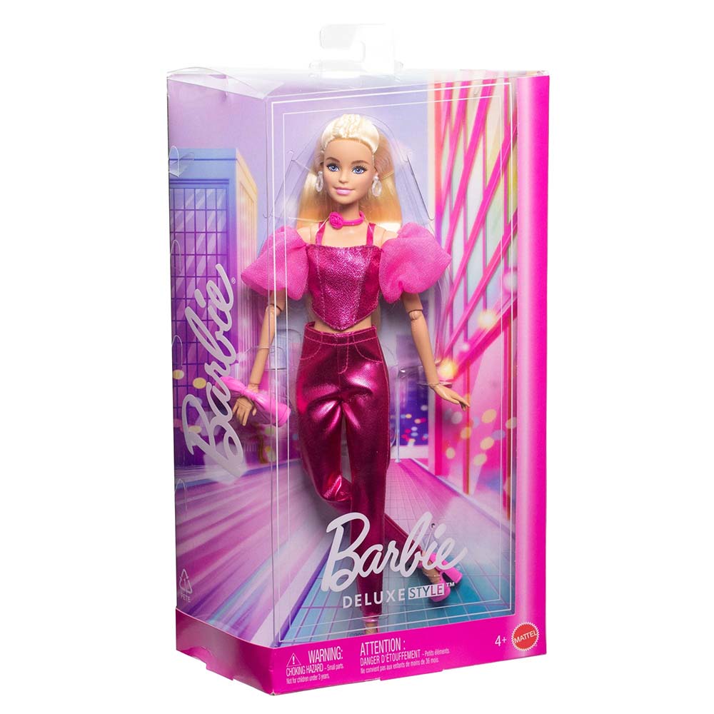 Barbie Fashionista Muñeca Deluxe Cabello Rubio y Conjunto Rosa Metálico JFP40, muñecas y muñecos
