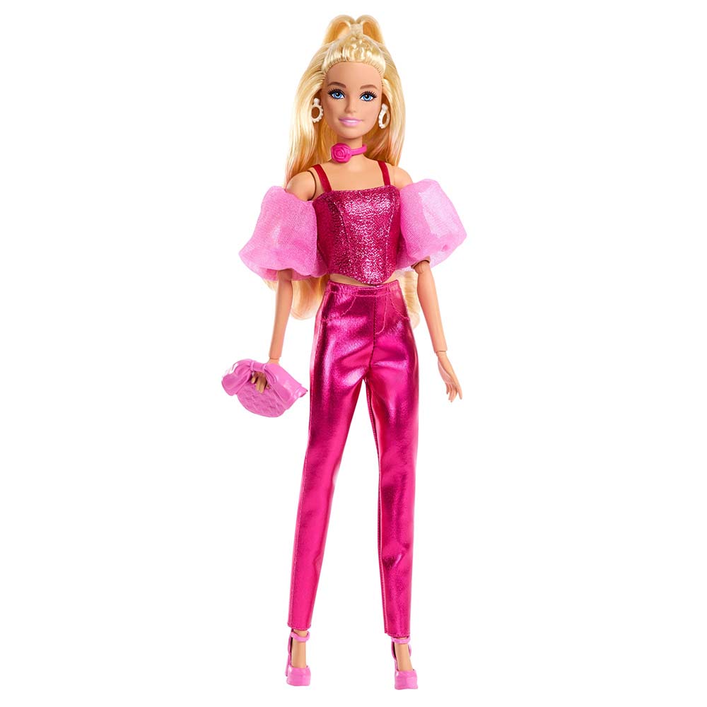 Barbie Fashionista Muñeca Deluxe Cabello Rubio y Conjunto Rosa Metálico JFP40, muñecas y muñecos