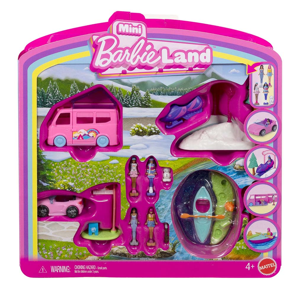 Barbie Mini Barbieland Pack de 4 muñecas y vehículos JFY55, sets de juego