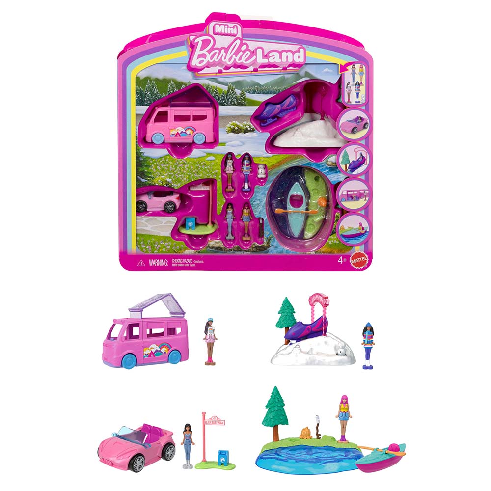 Barbie Mini Barbieland Pack de 4 muñecas y vehículos JFY55, sets de juego