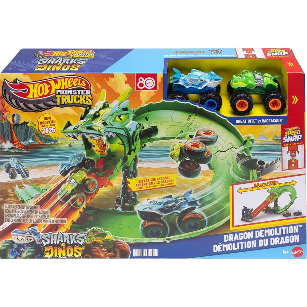 Hot Wheels Monster Trucks Tiburones vs. Dinosaurios Dragón JFR06, pistas y sets de vehículos