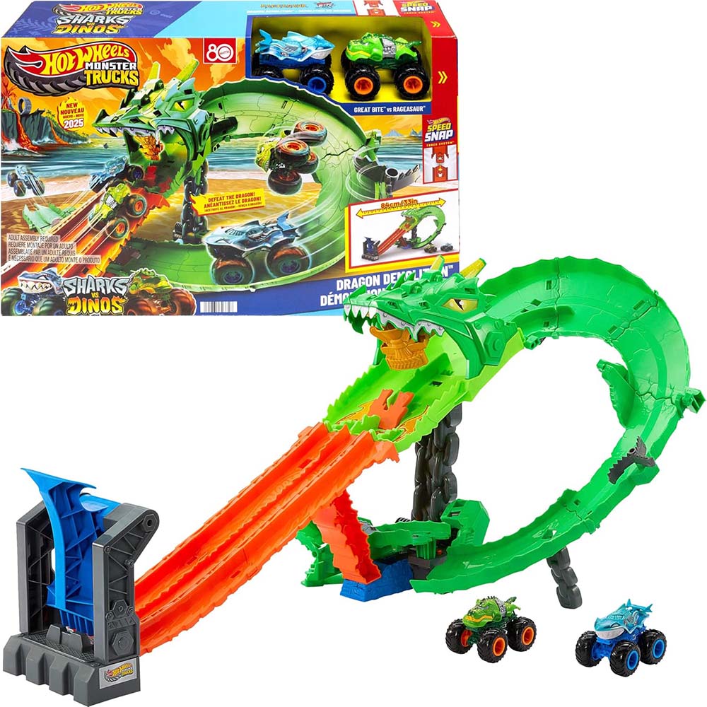Hot Wheels Monster Trucks Tiburones vs. Dinosaurios Dragón JFR06, pistas y sets de vehículos