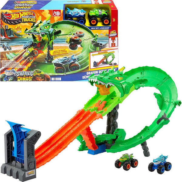 Hot Wheels Monster Trucks Tiburones vs. Dinosaurios Destrucción del Dragón JFR06