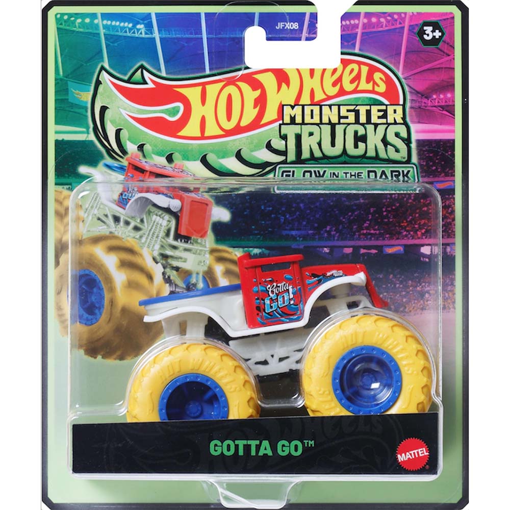 HW Monster Trucks Glow in the Dark Escala 1:64 Gotta Go JFX08, vehículos de juguete