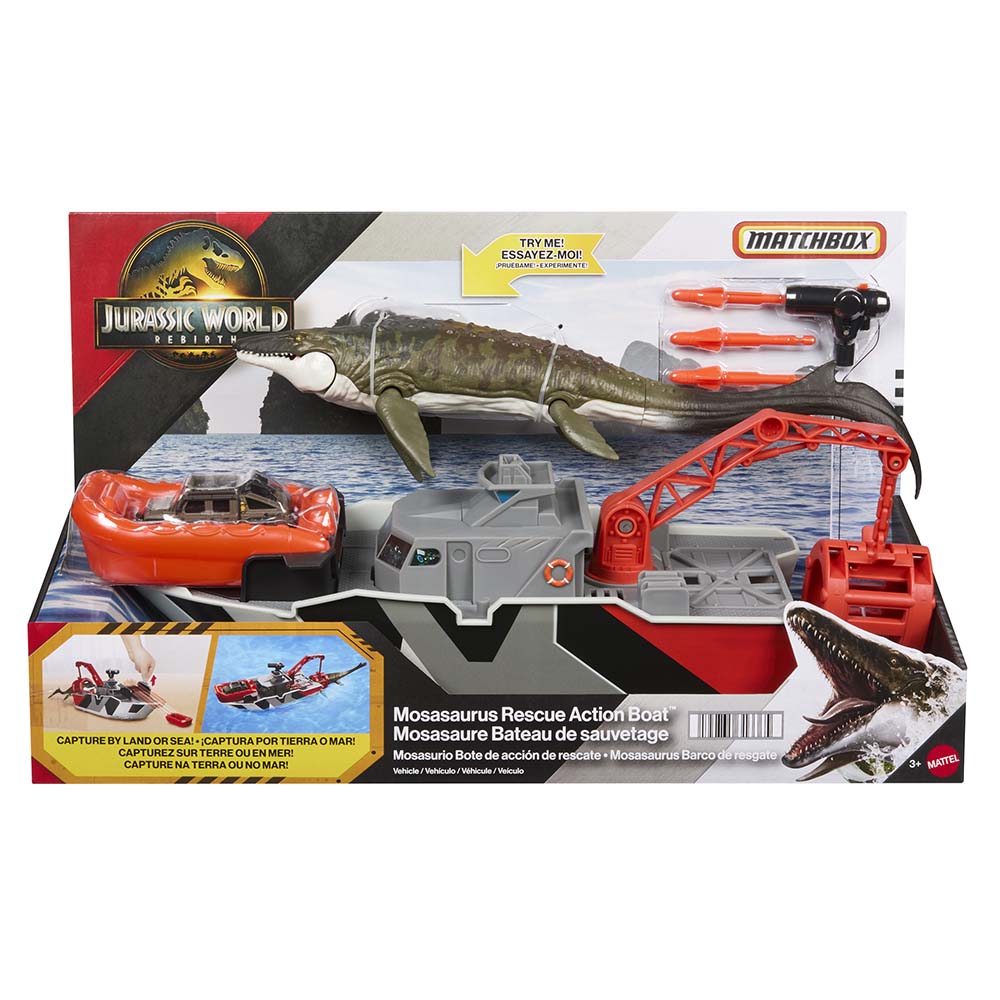 Jurassic World Rebirth Mosasaurio Bote de Acción de Rescate JGG61, vehículos de juguete