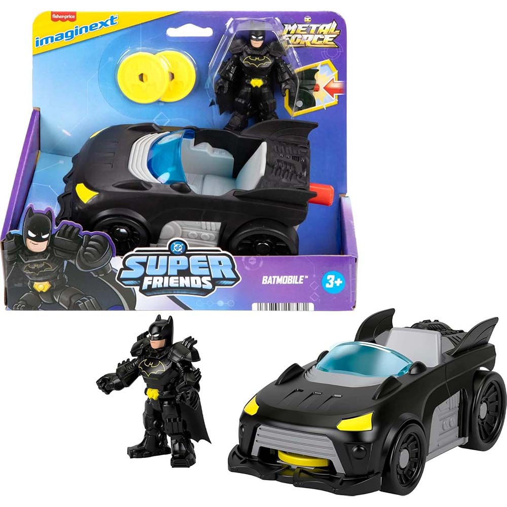 Imaginext DC Super Friends Batimóvil Metal Force y Batman JFJ68, vehículos de juguete