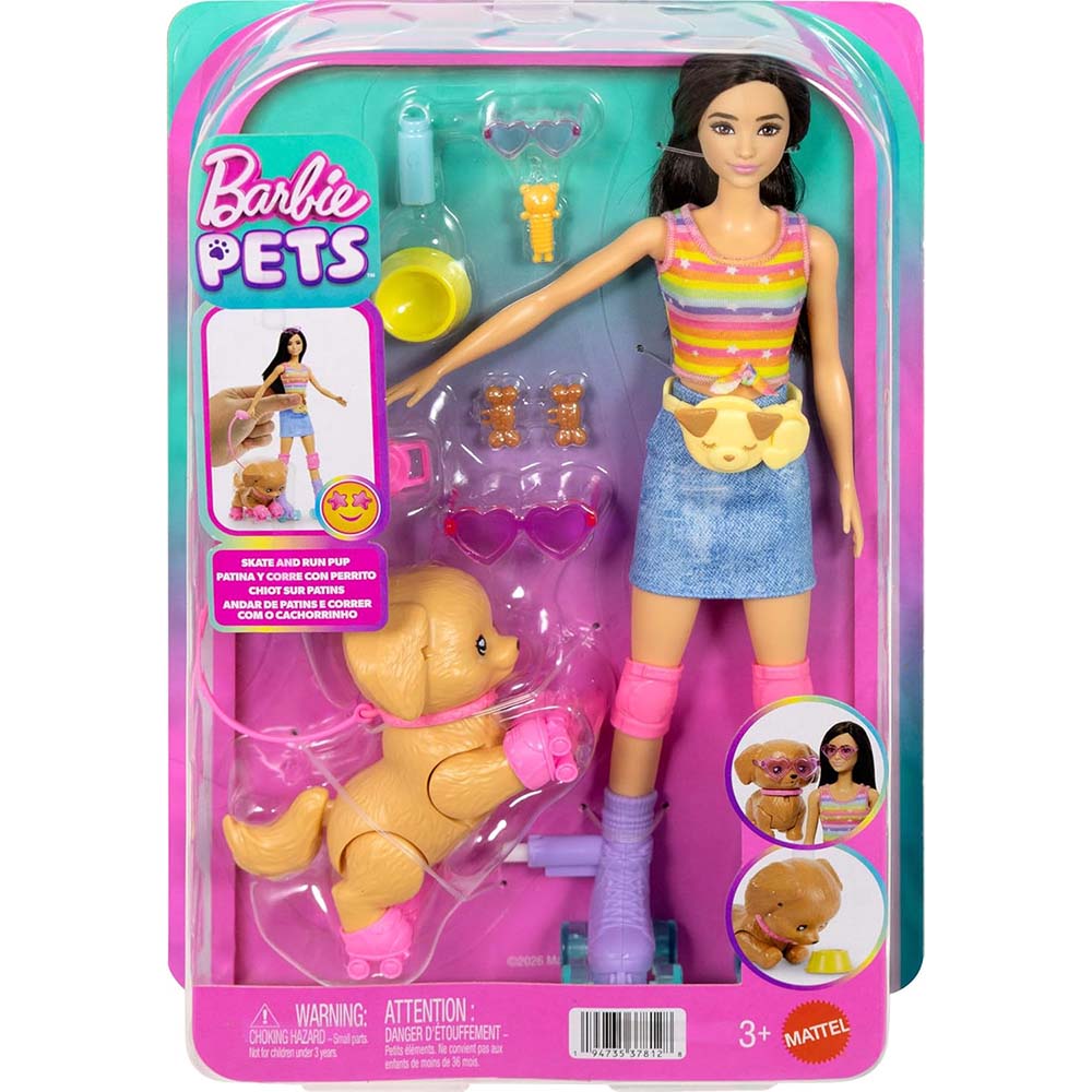 Barbie Pets Skate & Run Castaña y Perrito Patinador JMJ43