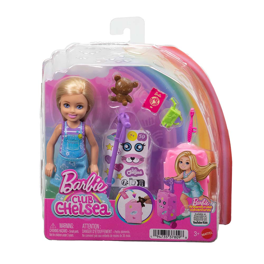 Barbie Chelsea Aventuras de Viaje Muñeca con Maleta Scooter y Accesorios JMJ46