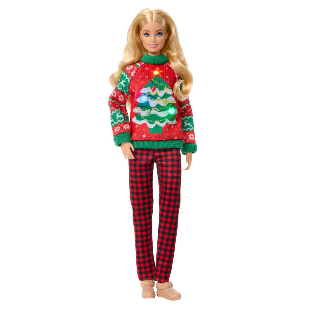 Barbie Signature Suéter Navideño Cabello Rubio: Muñeca con Luz en el Suéter