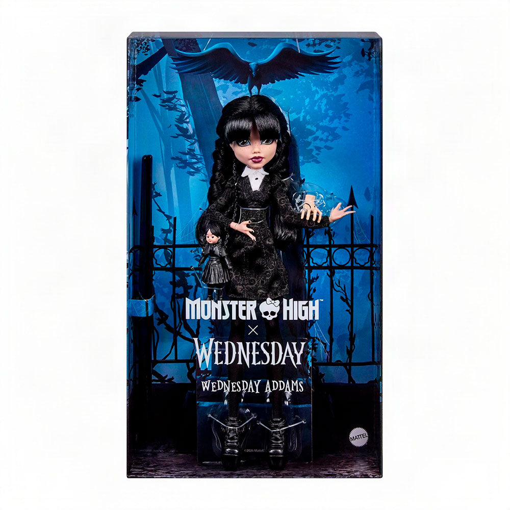 Mattel Monster High x Wednesday: Muñeca Coleccionable Wednesday Addams con Vestido Negro y Accesorio Thing - Edad 6+