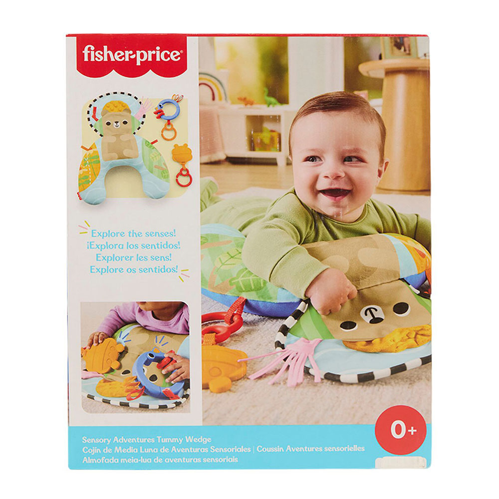 Fisher-Price Baby Cojín Colorido de Actividades: Cojín Sensorial con 2 Juguetes Mordedera y Sonaja - Edad 0+
