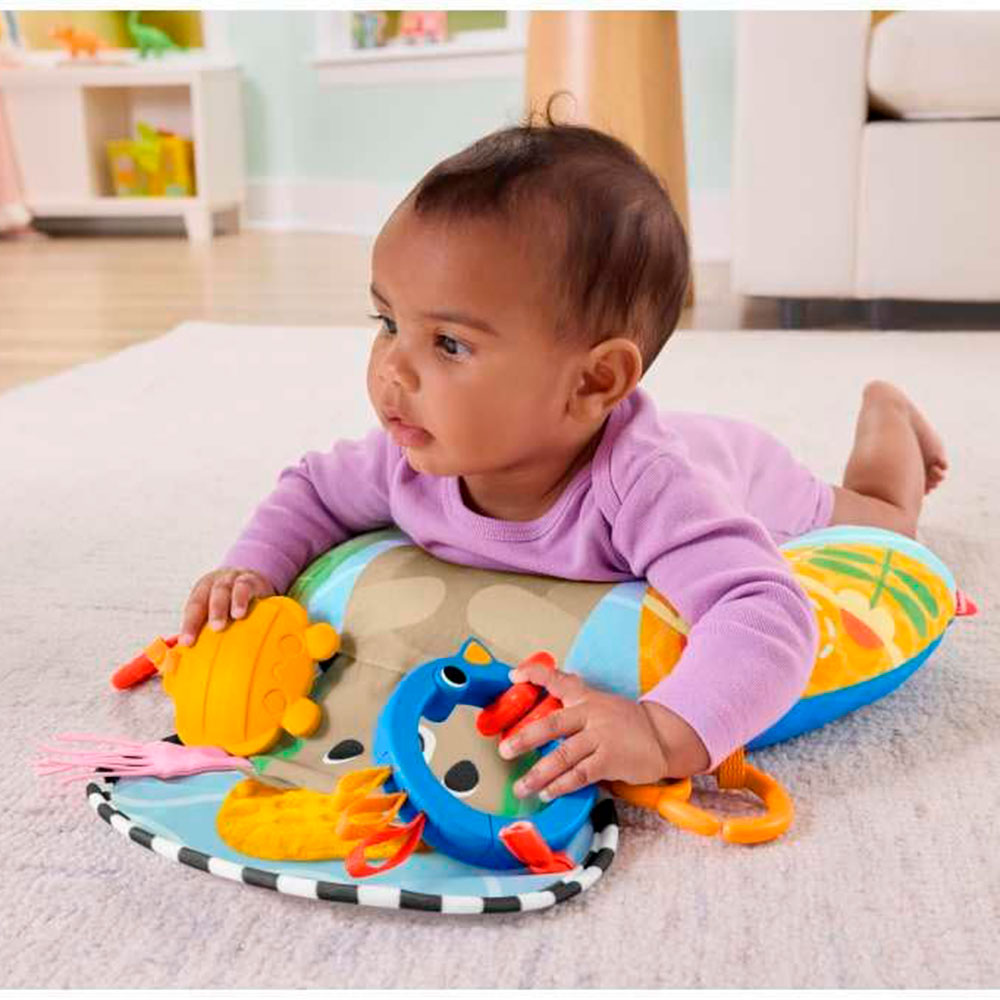Fisher-Price Baby Cojín Colorido de Actividades: Cojín Sensorial con 2 Juguetes Mordedera y Sonaja - Edad 0+