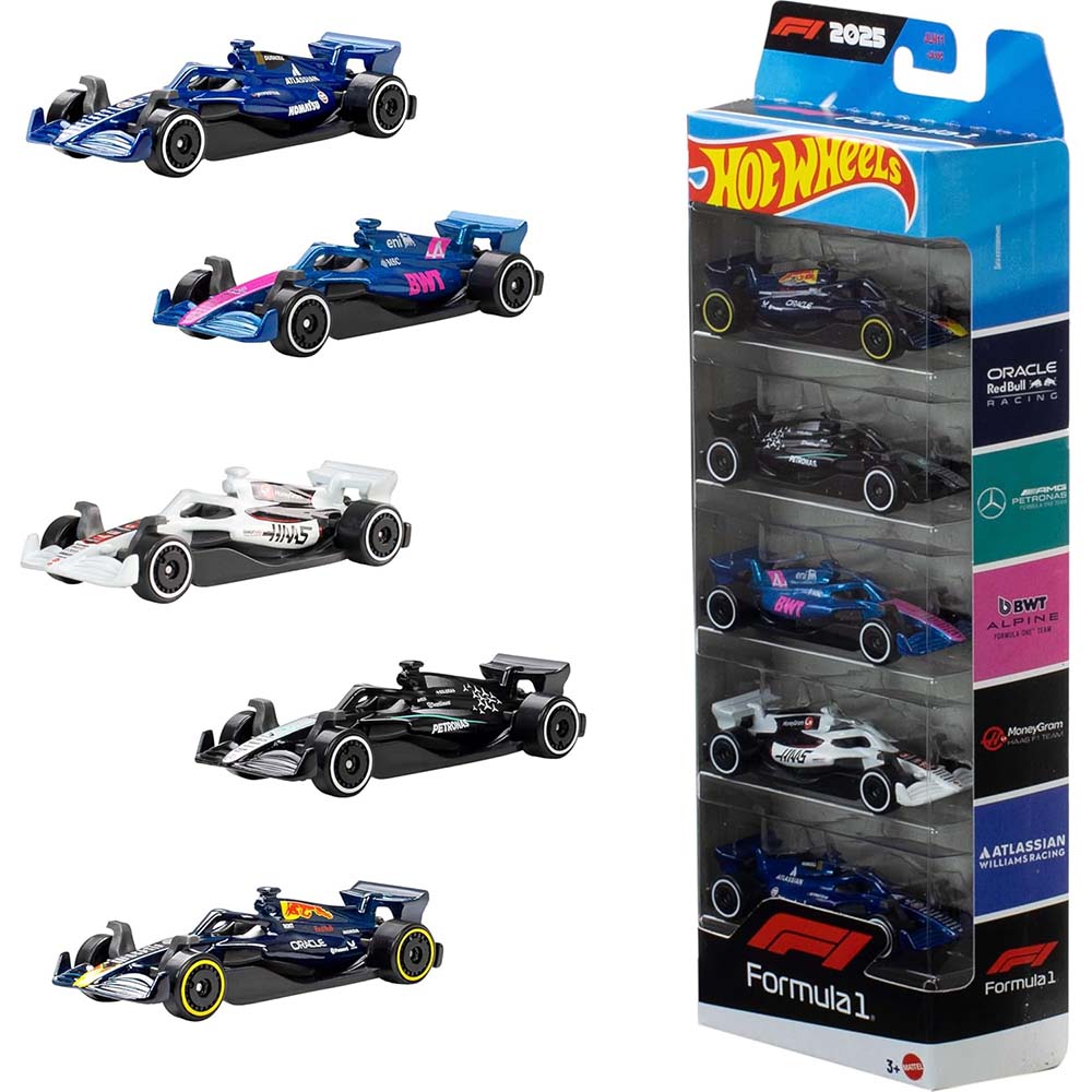 Hot Wheels Pack 5 Coches Fórmula 1 Escala 1:64 JLN11, vehículos en paquete a escala 1:64